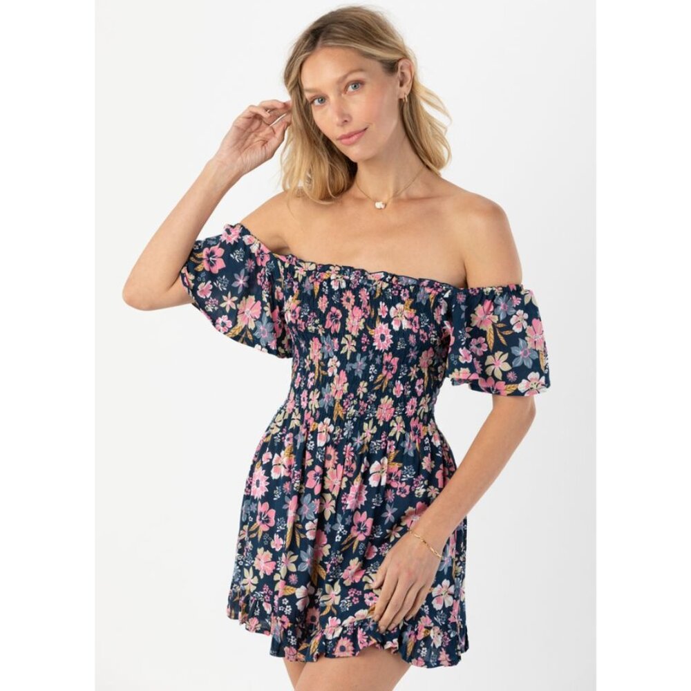 NWT Tiare Hawaii Floral Off Shoulder Smocked Mini Dress S/M